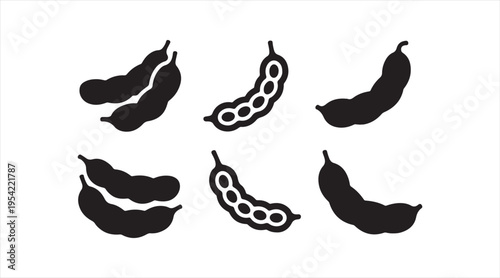 Pea pod silhouettes black vector set whole and open pods minimalist vegetable icons