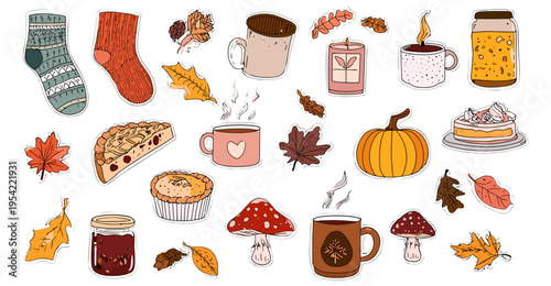 Autumn cozy doodle collection hand drawn vector set with pumpkin leaves candle mug pie socks mushrooms fall seasonal elements for stickers prints and decor