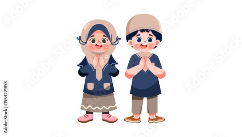 Muslim siblings in formal traditional attire for Eid al-Fitr celebration