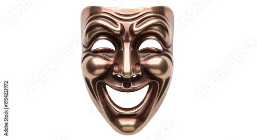 Elegant bronze-toned comedy mask with a radiant smile, symbolizing joy, entertainment, and the timeless art of dramatic performance