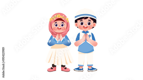 Little Muslim couple in blue and white traditional outfit for Eid