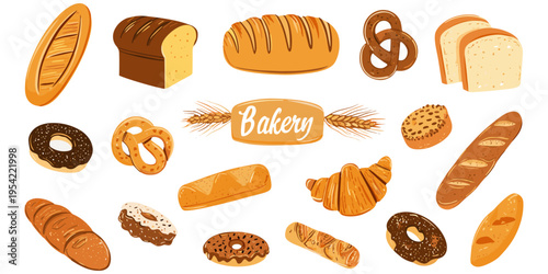 Bakery doodle style bread and pastry vector set with croissant donut baguette loaf pretzel wheat illustration collection for cafe menu branding and packaging