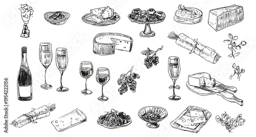Chalk food illustration set with wine cheese bread grapes hand drawn vintage vector collection, food doodle, restaurant, wine, cheese, gourmet