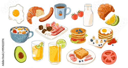 Breakfast food illustration set with eggs croissant pancake coffee juice avocado healthy meal vector collection, breakfast, food, brunch, healthy, meal