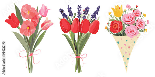 Beautiful flower bouquets vector set with tulips roses and mixed flowers arrangement for decoration design, floral bouquet, spring flowers, wedding decor