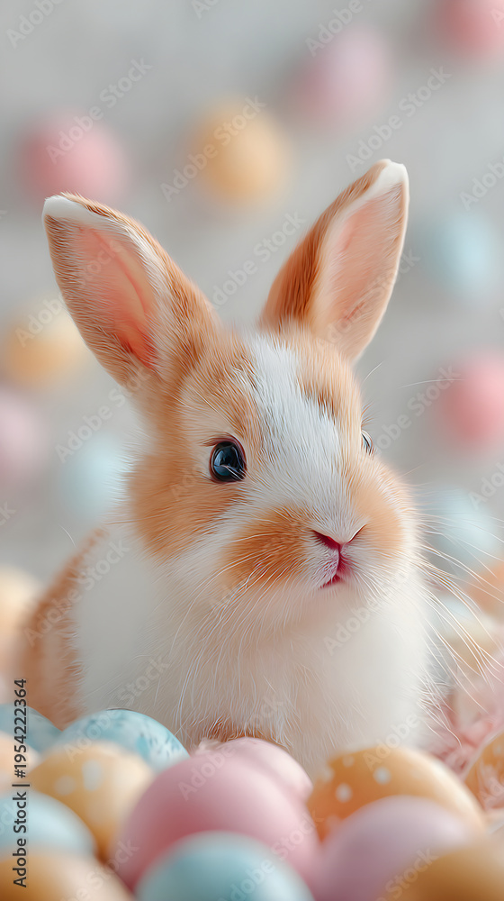 Obraz premium Vertical portrait of an adorable fluffy ginger and white Easter bunny with blue eyes sitting among colorful pastel eggs, soft bokeh background, festive spring holiday concept.