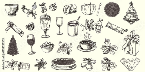 Christmas chalk doodle vector set with winter food coffee wine sweets gift decorations hand drawn holiday elements, christmas, winter, festive, doodle