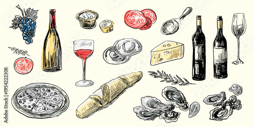 Gourmet dining sketch vector set with wine bottle glass cheese oysters seafood grapes hand drawn food illustration collection, restaurant, fine dining, cuisine