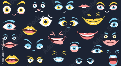 Collection of cartoon eyes and mouths expressing various emotions on dark background