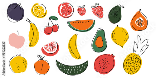 Cute Abstract Fruit and Veggie Doodle Collection Vector, Hand Drawn Stylized Food, Pineapple, Grape, Eggplant, Juice, Elements