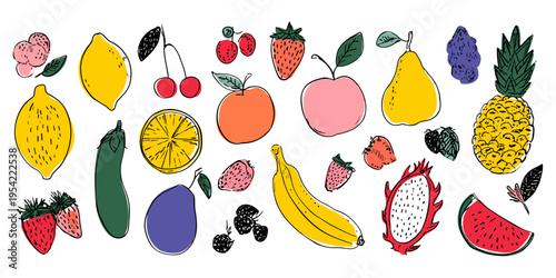 Hand Drawn Organic Healthy Food Doodle Vector Set, Fresh Fruit and Berry Sketch Illustration, Watermelon, Cherry, Carrot, Menu