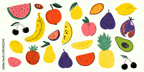 Cute Abstract Fruit and Veggie Doodle Collection Vector, Hand Drawn Stylized Food, Pineapple, Grape, Eggplant, Juice, Elements