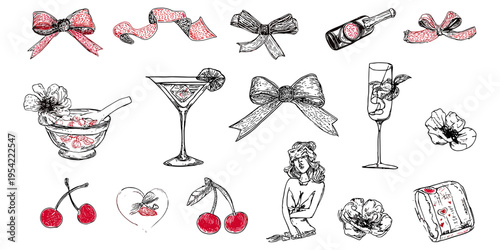 Coquette Bows and Ribbons Hand Drawn Vector Illustration Set, Vintage Aesthetic Doodle, Cherry, Cocktail, Girly, Romantic
