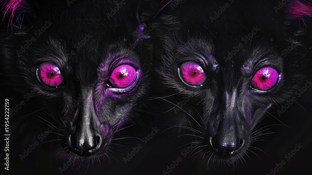 Fototapeta premium Two mysterious black creatures with intensely vibrant pink eyes peer out of the darkness