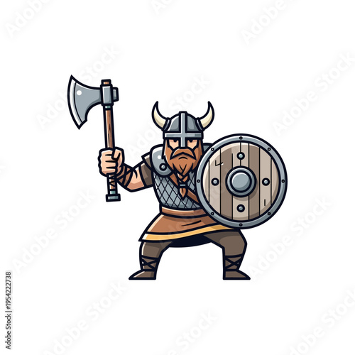 Cartoon Viking Warrior with Axe and Shield, Ready for Battle
