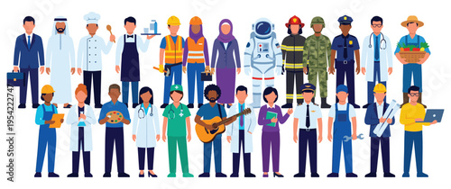 Large collection of diverse professional characters in work uniforms