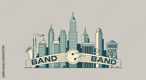 Cityscape with Saxophone and Drum, Band Music Concept
