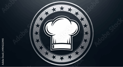 Chefs Hat Emblem with Stars on a Dark Background.