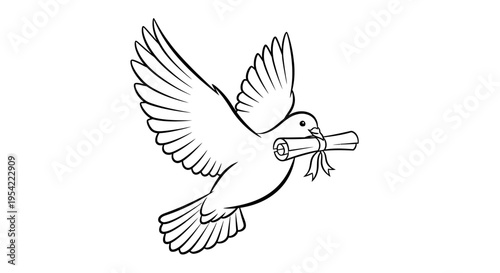 Flying dove carrying a rolled scroll symbolizing peace and message delivery.