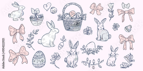 Easter bunny doodle vector set with eggs basket bows flowers hand drawn coquette style illustration, easter, spring, cute, pastel, decoration