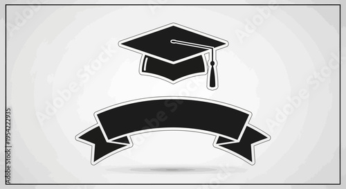 Graduation Cap and Ribbon Banner Icon Set for Academic Achievements.