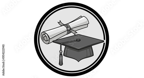 Graduation Cap and Diploma Scroll in Circle Icon.