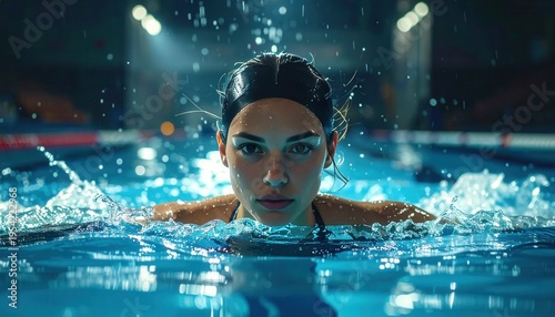 Determined Swimmer Emerges from Water, Intense Focus on Face.