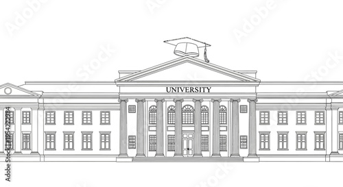 Detailed Line Art Drawing of a Grand University Building with Columns.