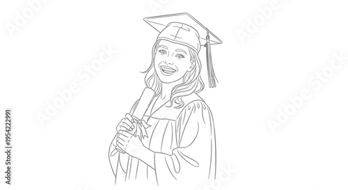 Happy female graduate in cap and gown holding diploma.