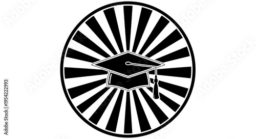 Graduation Cap with Sunburst Rays in a Circular Frame.