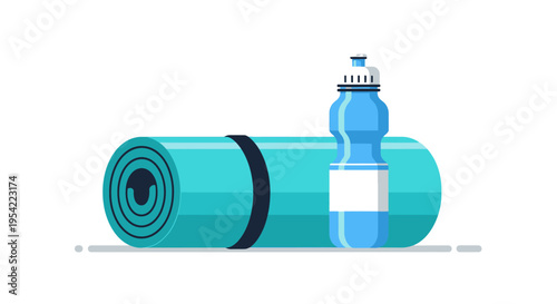 Clean flat vector illustration featuring a rolled-up turquoise yoga mat and a blue water bottle, representing fitness, hydration, and a healthy active lifestyle