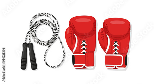 Red boxing gloves and jump rope, a sports equipment set for training and fitness exercises