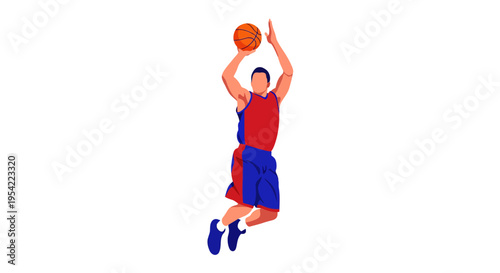 A dynamic illustration of a male basketball player in mid-air, intensely focused on shooting the ball towards the hoop during a game, showcasing athleticism and skill