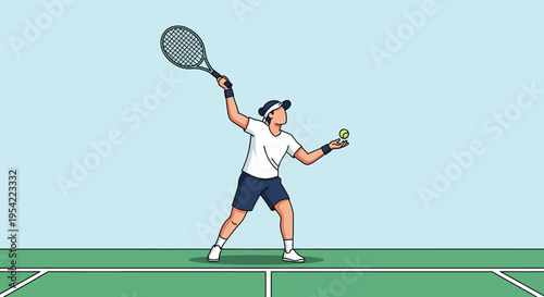Tennis player in action, serving the ball with a racquet during a match on a green court