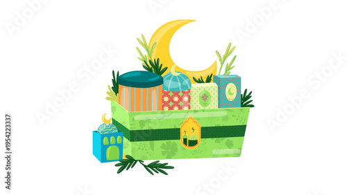 Eid al-Fitr gift box hamper with moon and mosque elements
