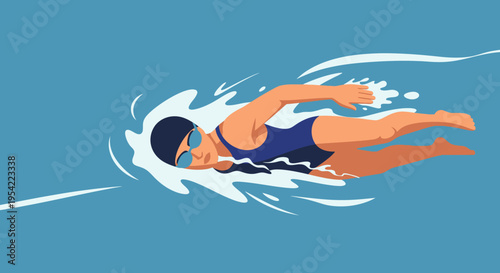 Woman swimming the front crawl stroke with determined focus in a clear blue pool, generating splashes