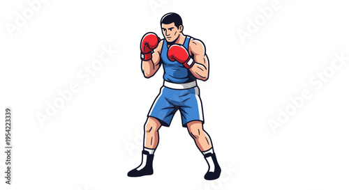 A male boxer in blue shorts and red gloves stands ready in a boxing stance against a white background, illustrating the sport of boxing