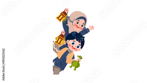 Happy Muslim children holding lanterns and ketupat celebrating Eid al-Fitr