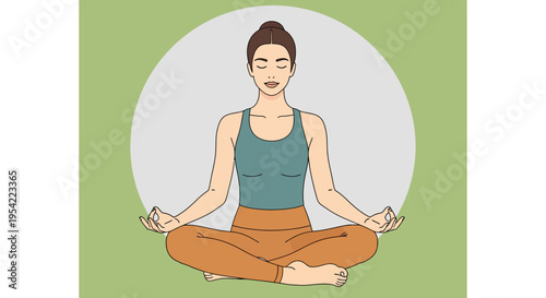 Woman sitting in lotus pose with eyes closed, calm and peaceful meditation