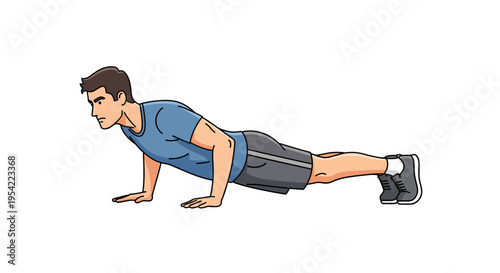 Athletic male demonstrating a push-up exercise, engaging core and upper body muscles for strength training, bodyweight fitness, and physical conditioning illustration