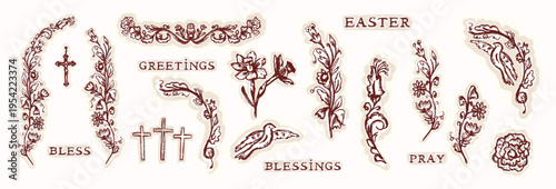 Hand drawn easter floral border corner elements daffodil motif set with christian blessing lettering. Flat isolated vector design with cross motif. For Holy week spring bible journaling sticker bundle