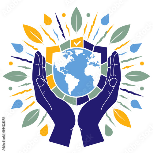 Stylized hands protecting a shielded globe surrounded by natural elements and leaves representing sustainability and global environmental protection concept art graphic