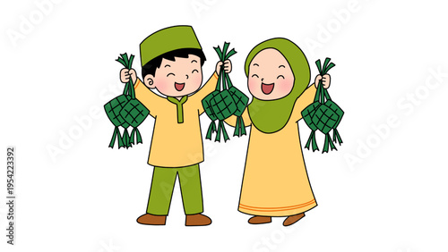Cute Muslim Children Character Holding Ketupat Celebrating Eid