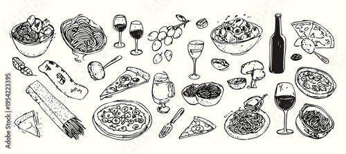 Hand drawn Italian food doodle set with pasta pizza wine and restaurant sketch collection, italian food, doodle, pasta, pizza, wine, restaurant, menu