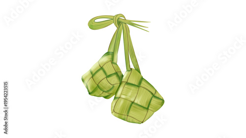 Two Hanging Ketupat Dumplings with Green Palm Leaves for Hari Raya