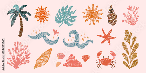 Summer ocean vector set with hand drawn seashell coral crab waves and sun illustration, beach elements, tropical, sea life, vacation, coastal, marine
