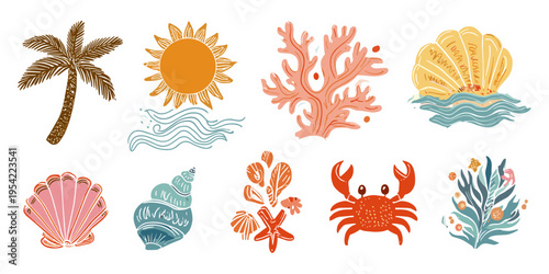 Hand drawn summer beach doodle set with seashell coral crab sun and tropical elements illustration, summer, beach, ocean, tropical, sea, vacation, coastal