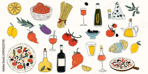 Hand drawn Italian food and drink illustration set with pizza pasta wine olive oil and Mediterranean ingredients, italian food, cuisine, restaurant, mediterranean
