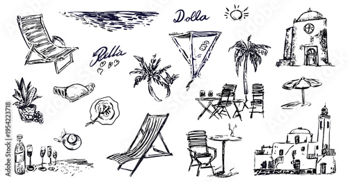 Italian Greek coastal sketch collection with beach chairs palm trees cafe scenes and seaside buildings illustration set, mediterranean, travel, summer