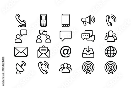 Collection of communication icons including phones emails and social media symbols